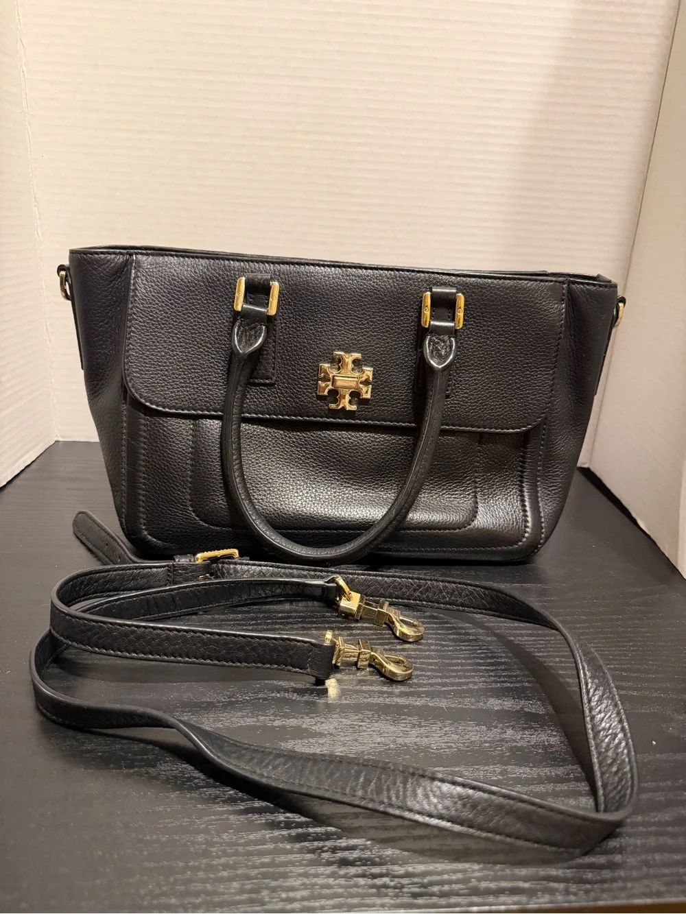 Tory Burch Black Pebbled Leather Crossbody Satchel with Gold Logo